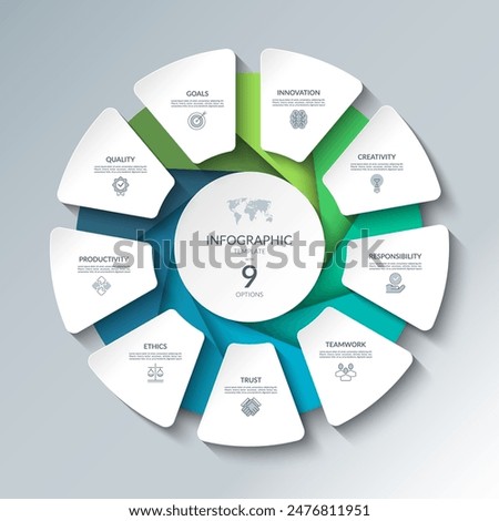 Infographic circular diagram with 9 options. Round chart that can be used for business analytics, data visualization and presentation. Vector illustration.