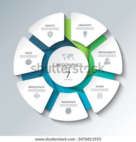 Infographic circular diagram with 7 options. Round chart that can be used for business analytics, data visualization and presentation. Vector illustration.