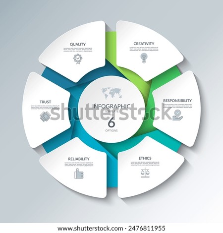 Infographic circular diagram with 6 options. Round chart that can be used for business analytics, data visualization and presentation. Vector illustration.