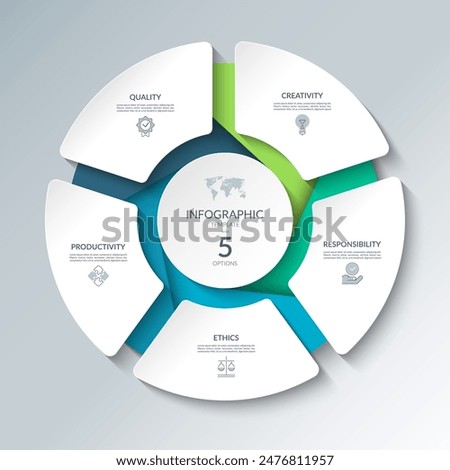 Infographic circular diagram with 5 options. Round chart that can be used for business analytics, data visualization and presentation. Vector illustration.