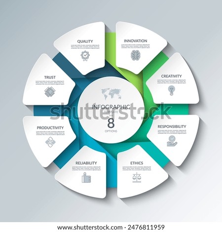 Infographic circular diagram with 8 options. Round chart that can be used for business analytics, data visualization and presentation. Vector illustration.