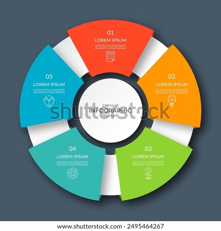 Infographic circular diagram with 3 options, parts. Five-step process chart with colorful segments, applicable for data visualization, presentation, business infographics.