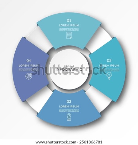 Infographic circular diagram with 4 options, parts. Four-step process chart with colorful segments, applicable for data visualization, presentation, business infographics.
