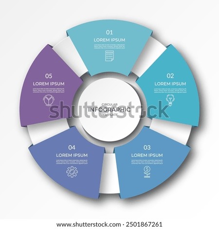 Infographic circular diagram with 5 options, parts. Five-step process chart with colorful segments, applicable for data visualization, presentation, business infographics.