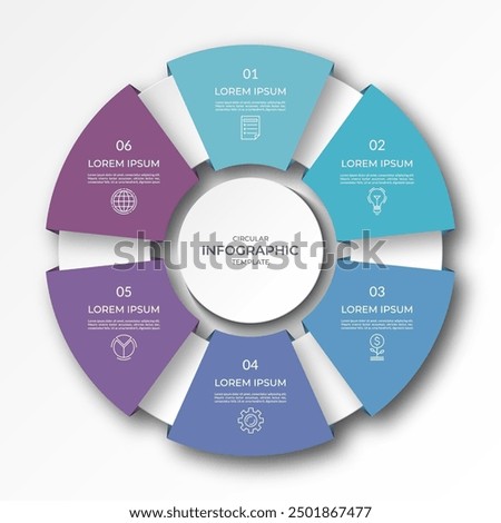 Infographic circular diagram with 6 options, parts. Six-step process chart with colorful segments, applicable for data visualization, presentation, business infographics.