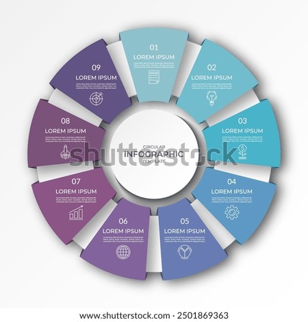 Infographic circular diagram with 9 options, parts. Nine-step process chart with colorful segments, applicable for data visualization, presentation, business infographics.