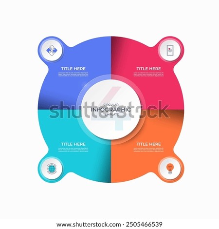 Infographic circle with 4 options, parts. 4-step vector template for business infographics. Process chart, cycle diagram for business presentation, report, brochure, web, data visualization.