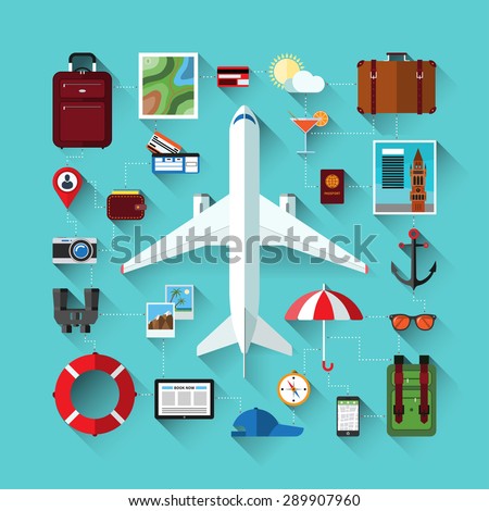 Flat design modern vector icons set of traveling on airplane, planning a summer vacation, tourism, journey in summer holidays. Travel objects and passenger luggage.