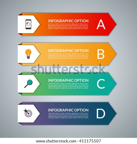 Infographic template in a form of paper arrows. Vector background banner with 4 steps, parts, options, stages. Can be used for data visualization, workflow layout, chart, graph, report, web design