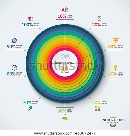 Infographic diagram template with concentric circles. Vector banner with 10 options. Can be used for web design, presentation, graph, chart, report, data visualization