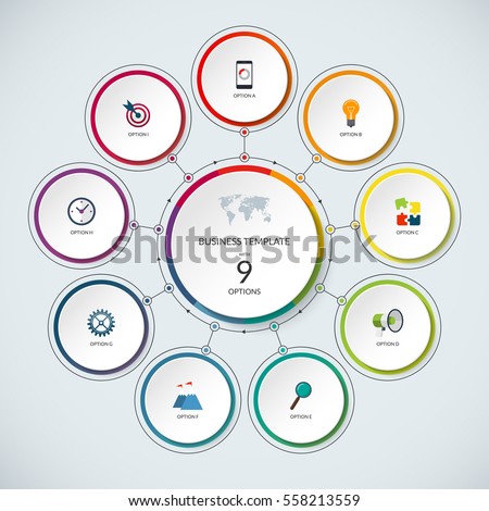 Infographic circle. Modern minimalistic template with 9 options. Vector banner, what can be used as circular chart, cycle diagram, graph, workflow layout for report, business presentation, web design.