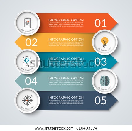 Infographic banner with opposite arrows and circle design elements. Business concept with 5 options, steps, parts. Vector template that can be used as a chart, graph, diagram, workflow layout