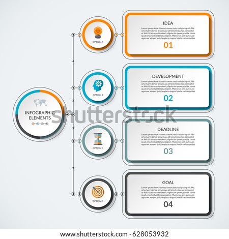 Infographic template with 4 option circles and tabs. Modern minimalistic vector banner that can be used as chart, diagram, graph, table, workflow layout for web, report, business presentation