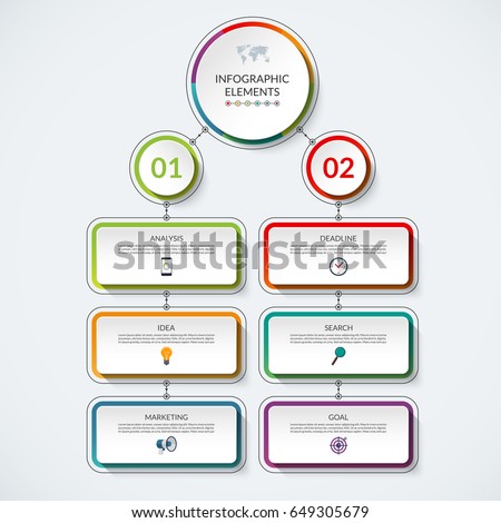 Infographic flow chart template with 2 option circles and 6 tabs. Modern minimalistic vector banner that can be used as diagram, graph, table, workflow layout for web, report, business presentation