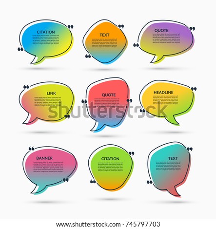 Quote box on trendy gradient background. Set of vector speech bubbles, text frames. Can be used for statement, citation, message, quotation, comment etc.