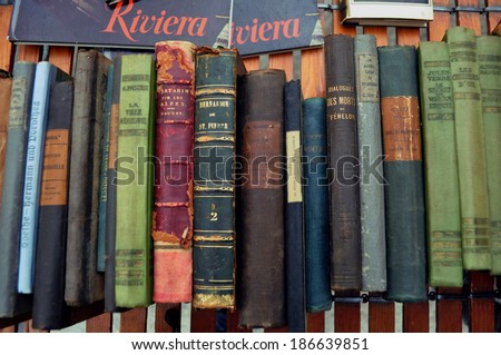 NICE, FRANCE - FEBRUARY 2: Ancient books of various authors in a book market in Nice, France on February 2, 2013