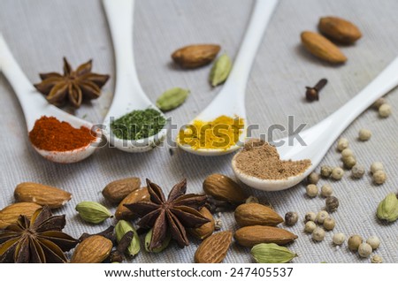 Four white spoons with various spices with almonds, star anise, white pepper and coriander on the grey material