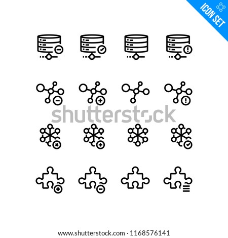 Web Development Technology Related Icon set. Contains such Icons as Server, Molecule, Node, Plugin. Vector Flat Icon Set in Line Style for Mobile application or Web site
