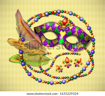 Masquerade mask, beads, colorful feathers, jewelry on a light background