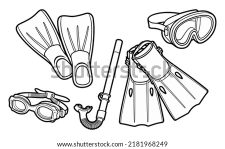 Cartoon set of cute doodle scuba diving equipment. Summer swimming objects vector funny illustration.