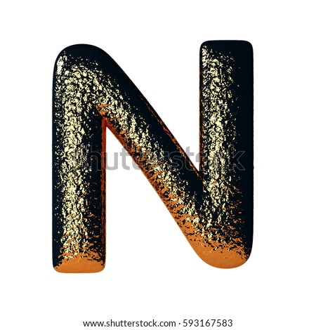 Hammered Steel Letter N with glimpses of gold. Heavy industrial font. 3d rendering isolated on white Stock fotó © 