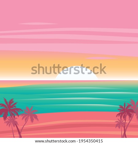 Illustration of tropical sunset with palm trees, green sea and orange to pink background. colour, leisure, holiday and nature concept digitally generated image.