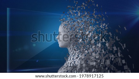 Composition of exploding human bust formed with grey particles and screen on blue background. global online identity and security concept digitally generated image.