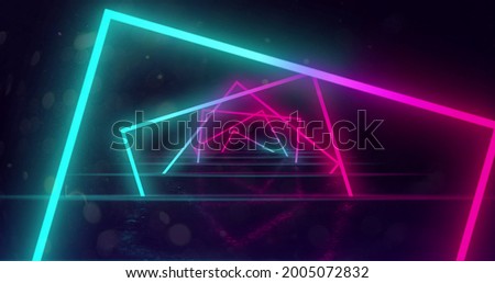 Image of glowing neon turquoise and pink square outlines moving and turning in hypnotic motion in repetition on black background. Neon kaleidoscopic motion concept digitally generated image. 4k