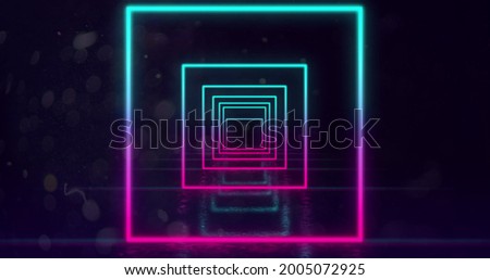 Image of glowing neon turquoise and pink squares outlines moving towards camera in hypnotic motion in repetition on black background. Neon kaleidoscopic motion concept digitally generated image. 4k