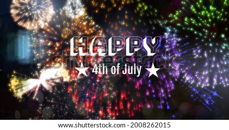 Digitally generated image of happy 4th of july text against colorful fireworks on black background. american independence day celebration concept
