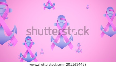 Composition of pink multiple anchor ribbon on pink background. breast cancer positive awareness campaign concept digitally generated image.