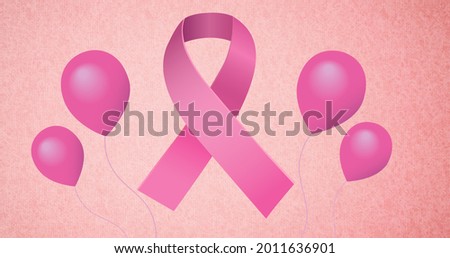 Composition of pink ribbon logo with balloons on pink back ground. breast cancer positive awareness campaign concept digitally generated image.