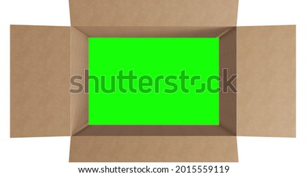 Overhead of green screen in brown cardboard box with lid opening on white background. packing box in preparation for shipment or transportation.