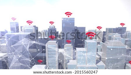 Image of red wifi symbols and network of connections of modern cityscape. digital interface connection and communication concept digitally generated image.