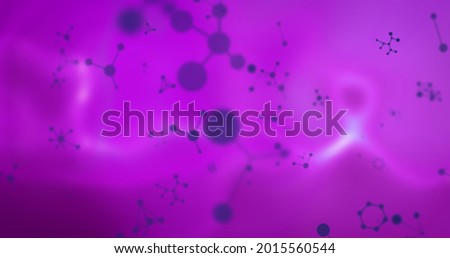 Image of multiple 3d purple molecules moving and spinning in loop in repetition on glowing purple background. Medicine science genetics concept digitally generated image.