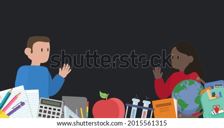 Digital image of stay 6 feet 2 metres apart text and Digital man and woman maintaining social distancing over multiple school concepts icons against black background