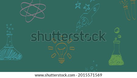 Image of colourful maths equations and science doodles moving over green chalkboard. school, education and study concept digitally generated image.