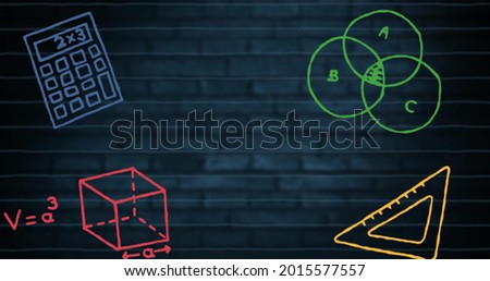 Digital image of multiple mathematics concept icons over horizontal lines against blue brick wall. Education and school concept