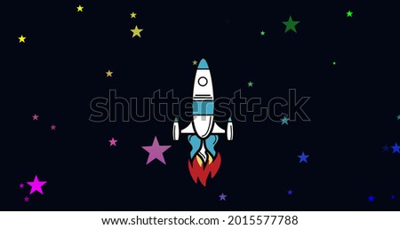 Digital image of Rocket icon flying upwards over multi color stars against black background. Illustration, education, and digital composite concept.