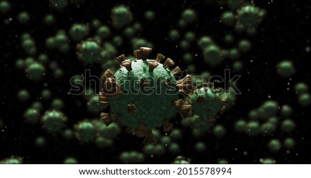 Image of 3D coronavirus Covid 19 cells spinning and spreading on dark background. Global coronavirus pandemic concept digitally generated image.