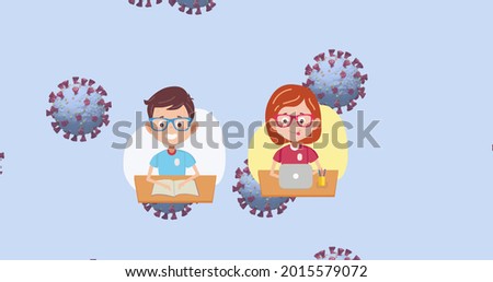 Image of 3D coronavirus Covid 19 cells spinning with 2 Meters Social Distancing text with boy and girl on light blue background. Global coronavirus pandemic concept digitally generated image.