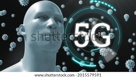 Image of 5G text with circles, world map and scope scanning with 3D coronavirus Covid 19 cells moving and human model. Global coronavirus pandemic concept digitally generated image.