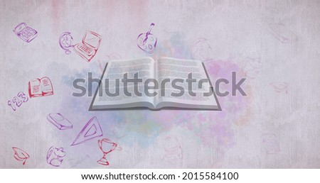 Image of a book with floating school pictograms on the white background. Education back to school concept digitally generated image.