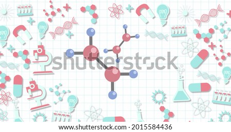 Image of multiple floating chemical pictograms on the white background. Education back to school concept digitally generated image.