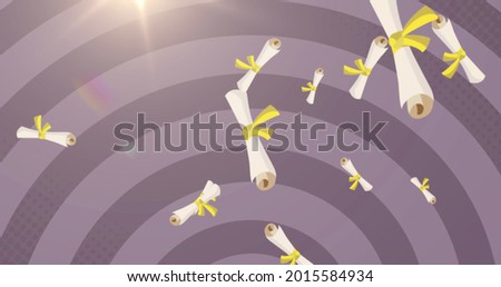 Image of multiple falling diplomas with floating circles in the background. Education back to school concept digitally generated image.