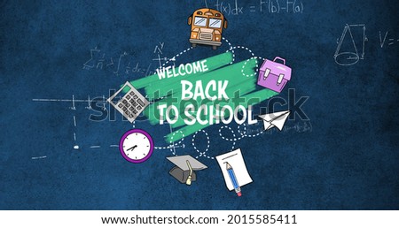 Image of text Back To School over floating mathematical equations on the dark background. Education back to school concept digitally generated image.