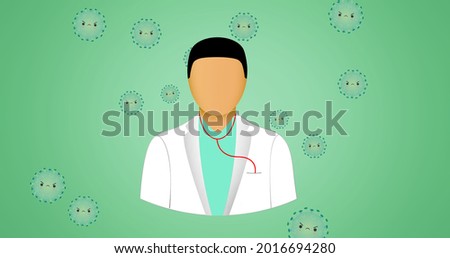 Composition of doctor icon over covid 19 virus cells on green background. global covid 19 pandemic concept digitally generated image.
