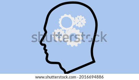 Composition of head silhouette with cogwheels inside on blue background. flu, sickness, virus and vaccination concept digitally generated image.