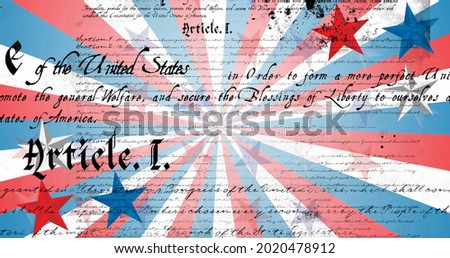 Image of american constitution text over american flag star and stripe elements. patriotism, independence and celebration concept digitally generated image.