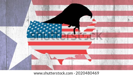 Image of usa map coloured in american flag over american flag. patriotism and celebration concept digitally generated image.
